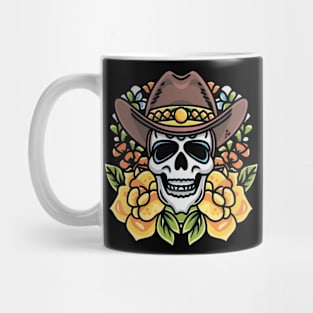 American Traditional Cowboy Skeleton Floral tattoo Mug